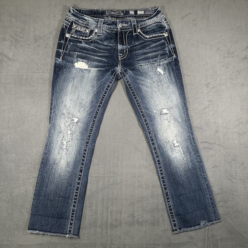 Miss Me Denim Distressed Rhinestone Standard Easy Crop Jeans Women's 27